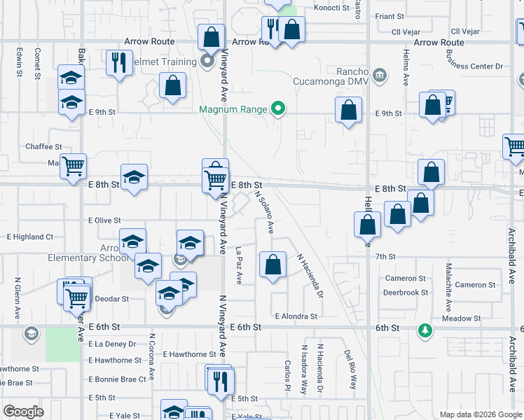 map of restaurants, bars, coffee shops, grocery stores, and more near 1953 North Barranca Avenue in Ontario