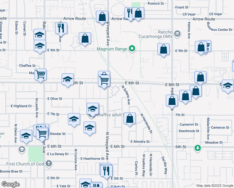 map of restaurants, bars, coffee shops, grocery stores, and more near 1802 North Vineyard Avenue in Ontario