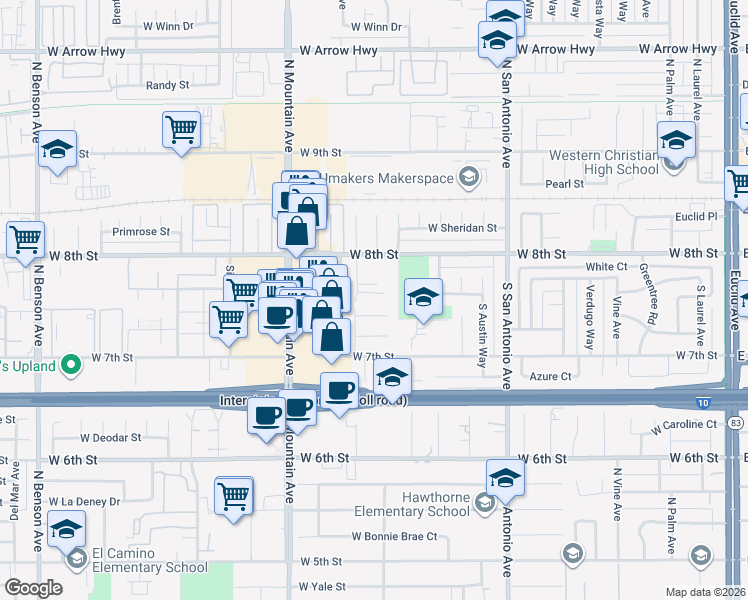 map of restaurants, bars, coffee shops, grocery stores, and more near 1025 Harrison Court in Upland