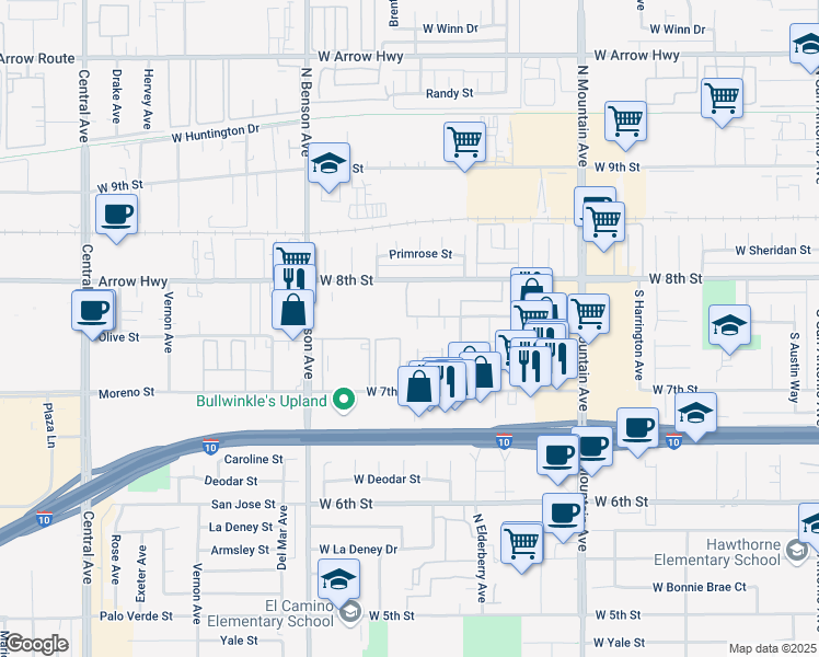 map of restaurants, bars, coffee shops, grocery stores, and more near 1438 West Maxwell Street in Upland