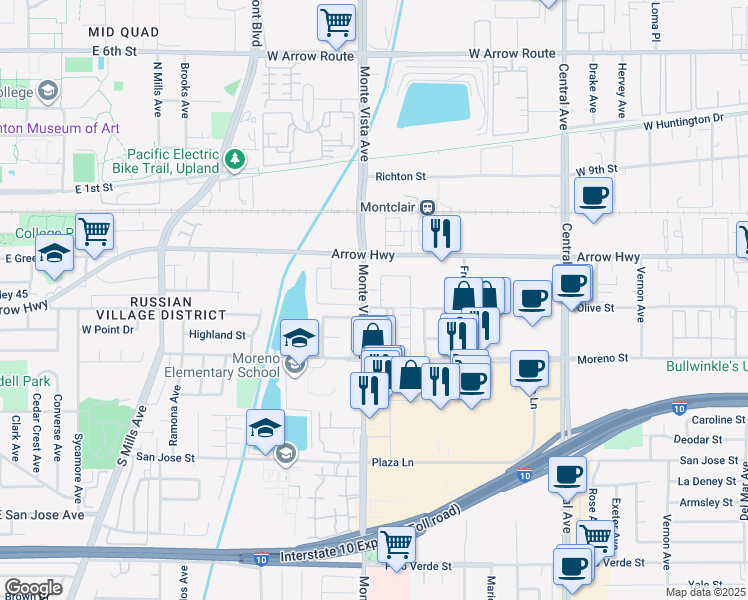 map of restaurants, bars, coffee shops, grocery stores, and more near 9016 Sycamore Avenue in Montclair