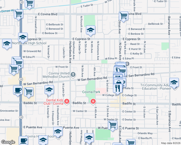 map of restaurants, bars, coffee shops, grocery stores, and more near 524 North Valencia Place in Covina