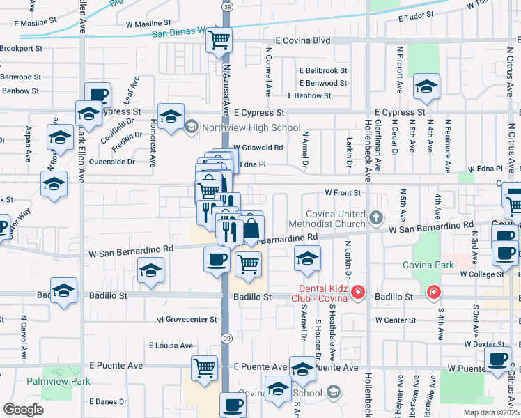 map of restaurants, bars, coffee shops, grocery stores, and more near 815 Glentana Street in Covina