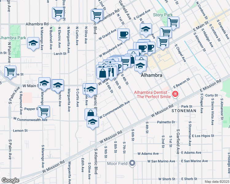 map of restaurants, bars, coffee shops, grocery stores, and more near 609 Irving Street in Alhambra
