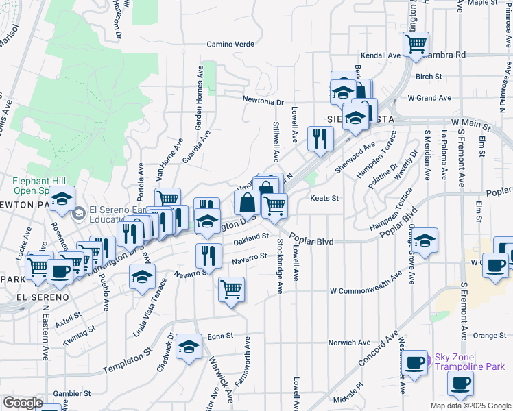 map of restaurants, bars, coffee shops, grocery stores, and more near 5366 Huntington Drive North in Los Angeles