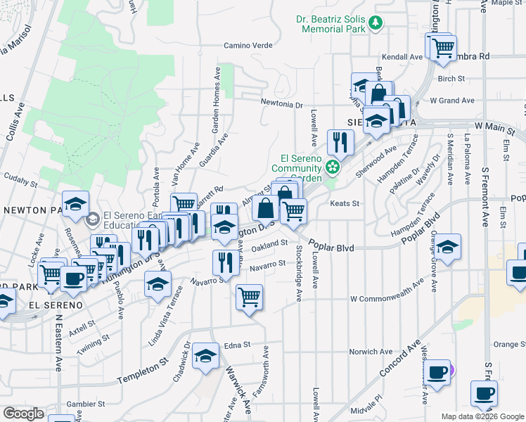 map of restaurants, bars, coffee shops, grocery stores, and more near 5366 Huntington Drive North in Los Angeles