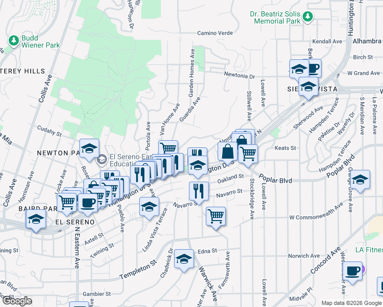 map of restaurants, bars, coffee shops, grocery stores, and more near 5172 Almont Street in Los Angeles