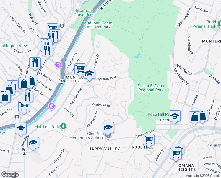 map of restaurants, bars, coffee shops, grocery stores, and more near 800 Montecito Drive in Los Angeles