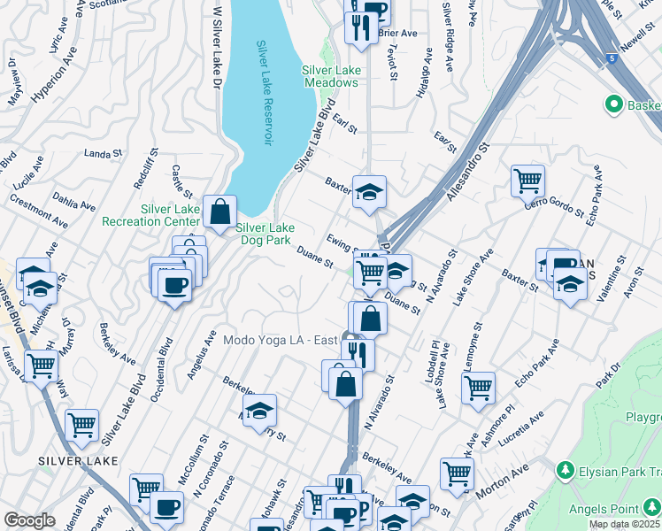 map of restaurants, bars, coffee shops, grocery stores, and more near 2262 Duane Street in Los Angeles