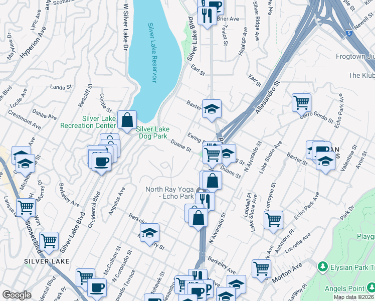 map of restaurants, bars, coffee shops, grocery stores, and more near 2262 Duane Street in Los Angeles