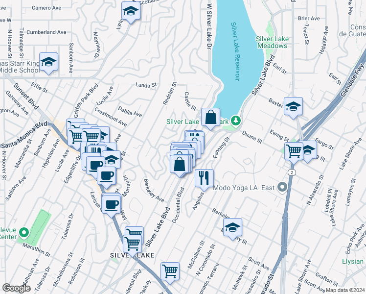 map of restaurants, bars, coffee shops, grocery stores, and more near 1735 Westerly Terrace in Los Angeles