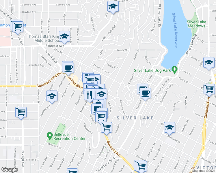 map of restaurants, bars, coffee shops, grocery stores, and more near 1626 Micheltorena Street in Los Angeles