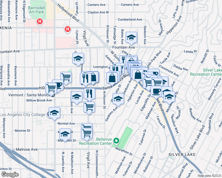 map of restaurants, bars, coffee shops, grocery stores, and more near in Los Angeles