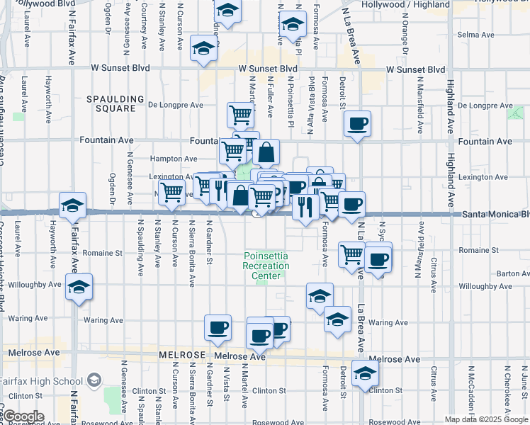map of restaurants, bars, coffee shops, grocery stores, and more near 7336 Santa Monica Boulevard in West Hollywood