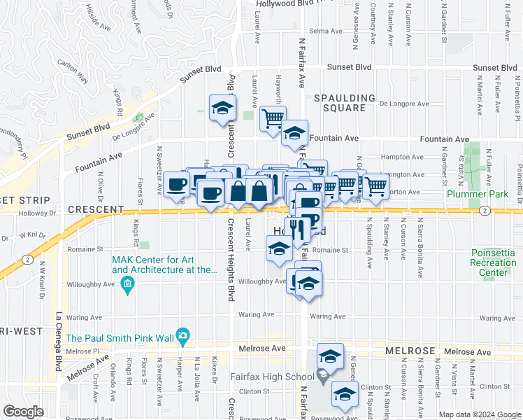 map of restaurants, bars, coffee shops, grocery stores, and more near 7960 Santa Monica Boulevard in West Hollywood