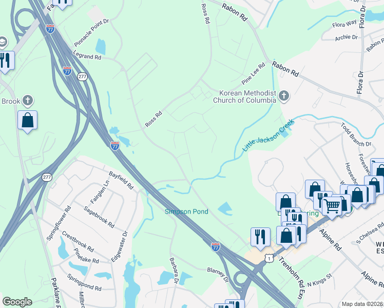 map of restaurants, bars, coffee shops, grocery stores, and more near 1800 Legrand Road in Columbia