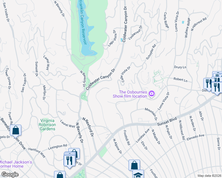 map of restaurants, bars, coffee shops, grocery stores, and more near 1000 North Alpine Drive in Beverly Hills
