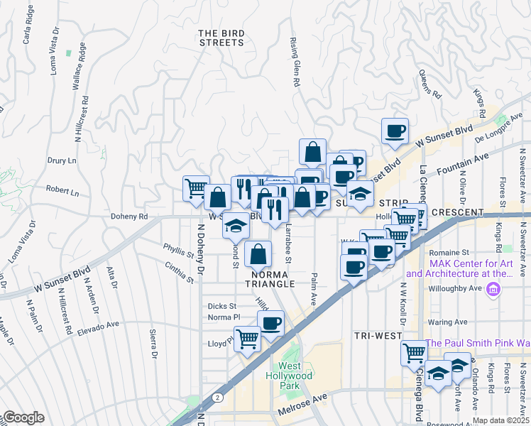 map of restaurants, bars, coffee shops, grocery stores, and more near 8906 Sunset Boulevard in West Hollywood