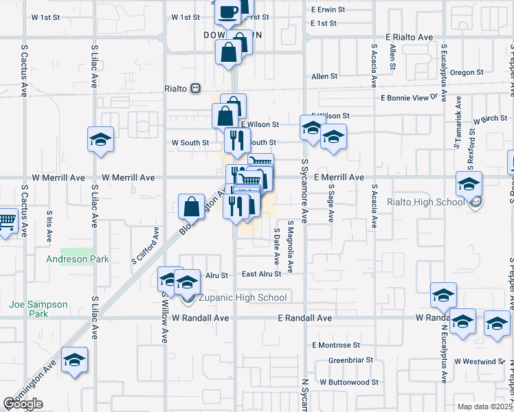 map of restaurants, bars, coffee shops, grocery stores, and more near 581 South Riverside Avenue in Rialto