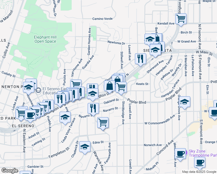 map of restaurants, bars, coffee shops, grocery stores, and more near 1/2 Huntington Drive South in Los Angeles