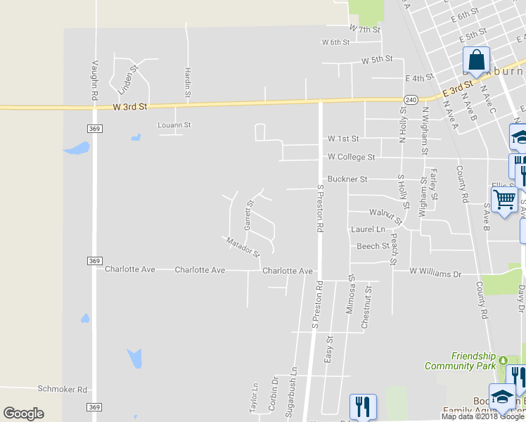 map of restaurants, bars, coffee shops, grocery stores, and more near 505 Horseshoe Lane in Burkburnett