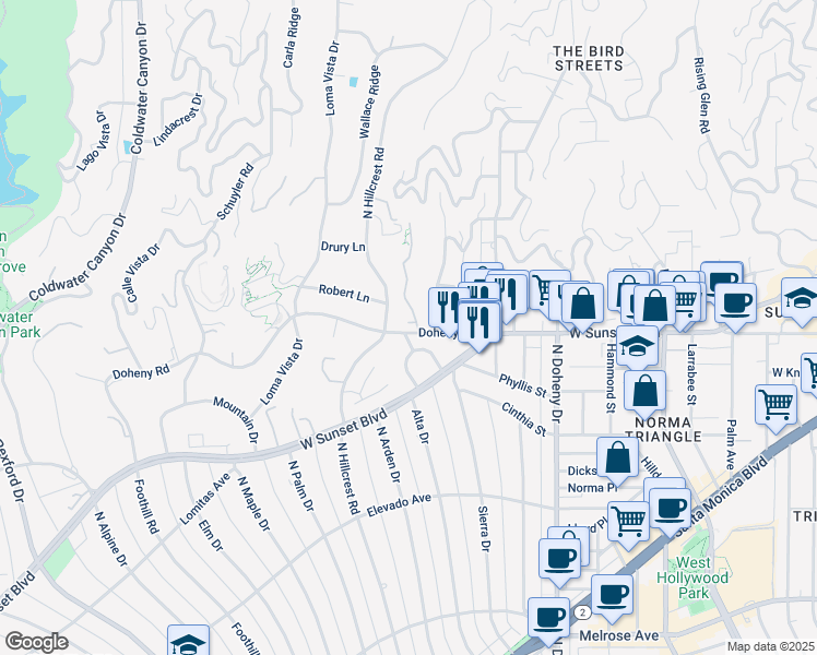 map of restaurants, bars, coffee shops, grocery stores, and more near 9331 Doheny Road in Beverly Hills