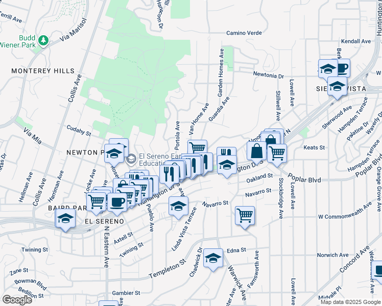 map of restaurants, bars, coffee shops, grocery stores, and more near 3948 Van Horne Avenue in Los Angeles