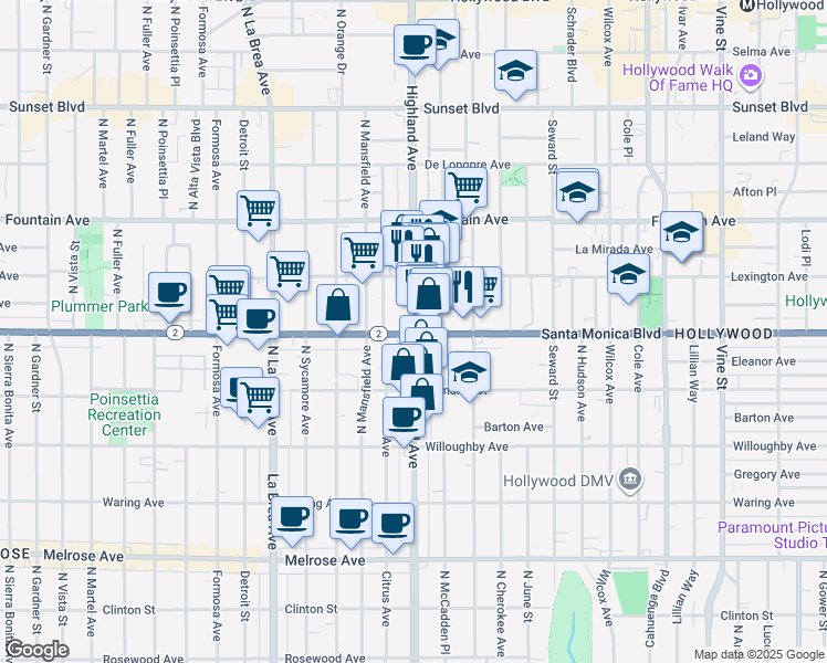 map of restaurants, bars, coffee shops, grocery stores, and more near in West Hollywood