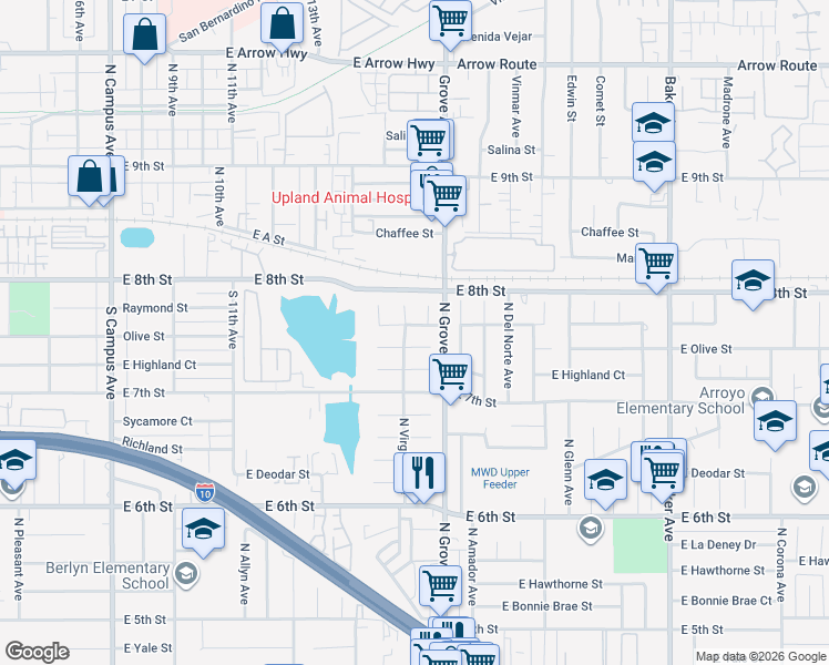 map of restaurants, bars, coffee shops, grocery stores, and more near 1218 East Raymond Street in Ontario