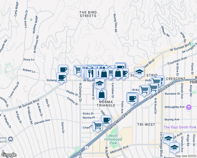 map of restaurants, bars, coffee shops, grocery stores, and more near 8849 Sunset Boulevard in West Hollywood