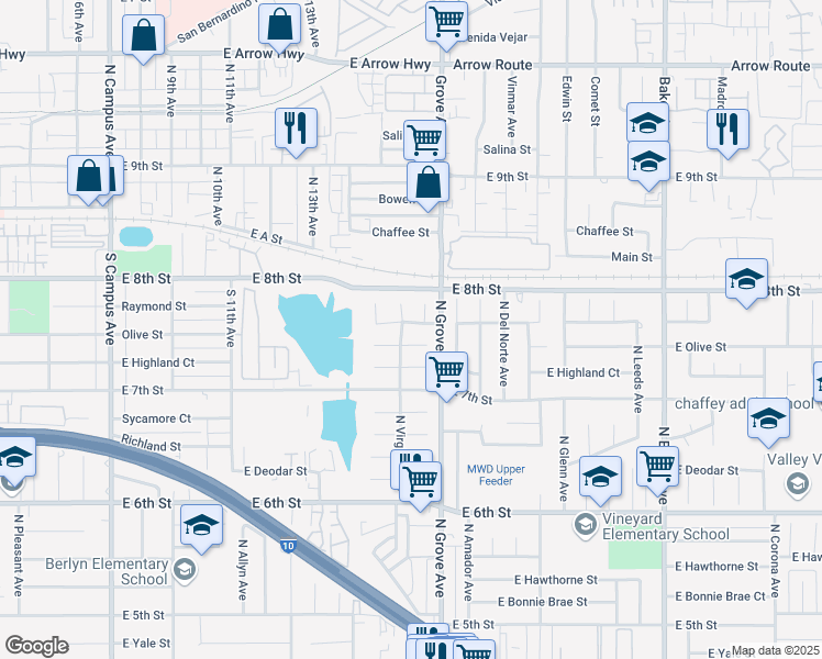 map of restaurants, bars, coffee shops, grocery stores, and more near 1218 East Raymond Street in Ontario