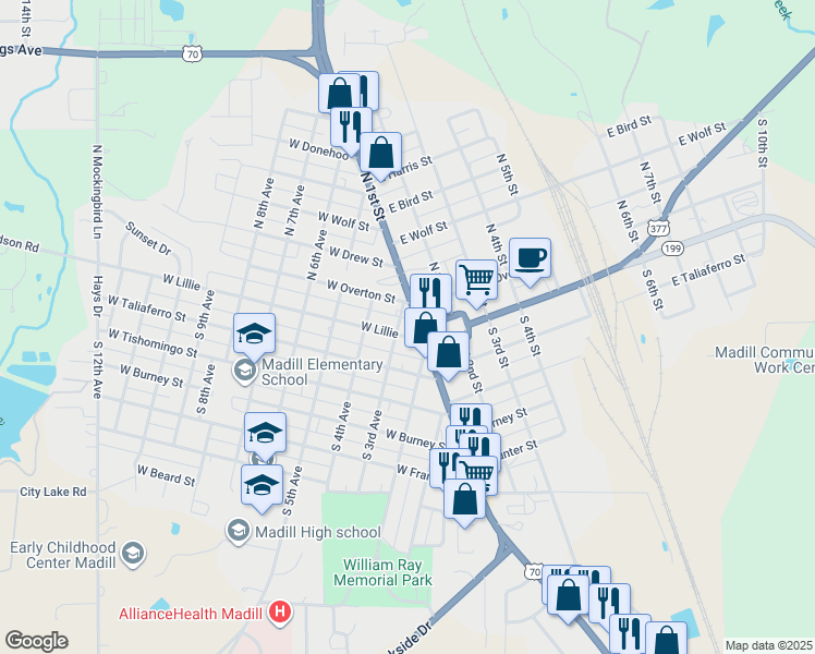 map of restaurants, bars, coffee shops, grocery stores, and more near 208 West Lillie in Madill