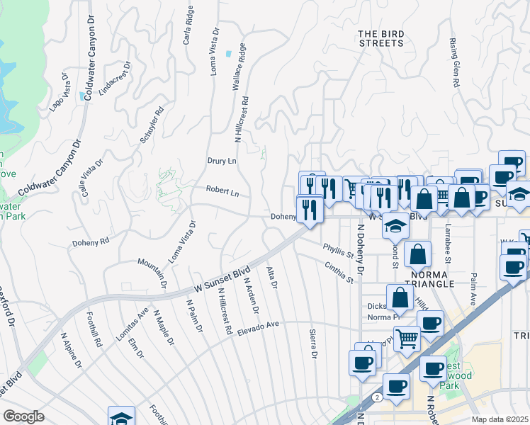 map of restaurants, bars, coffee shops, grocery stores, and more near 9331 Doheny Road in Beverly Hills