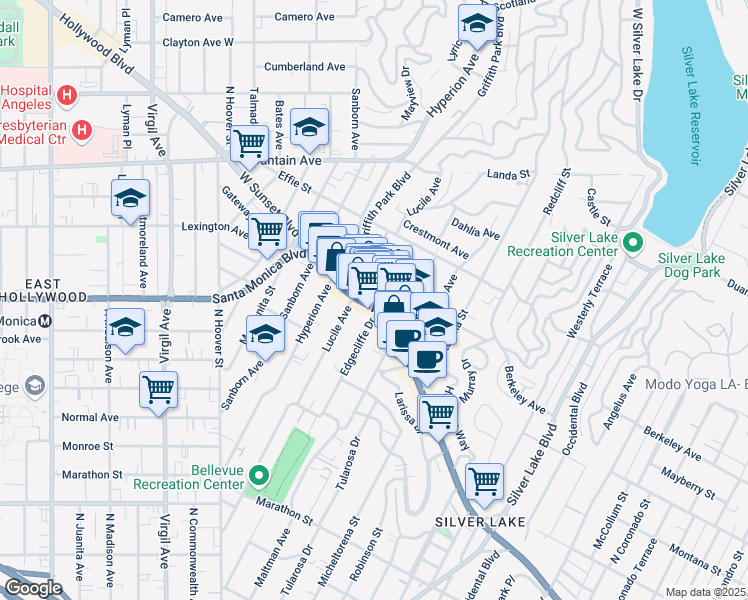 map of restaurants, bars, coffee shops, grocery stores, and more near 3707 Sunset Boulevard in Los Angeles