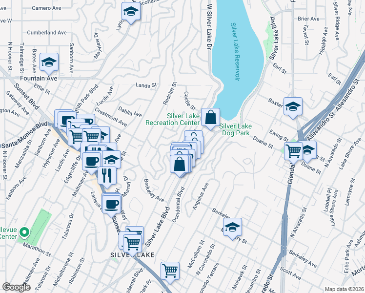 map of restaurants, bars, coffee shops, grocery stores, and more near 1735 Westerly Terrace in Los Angeles