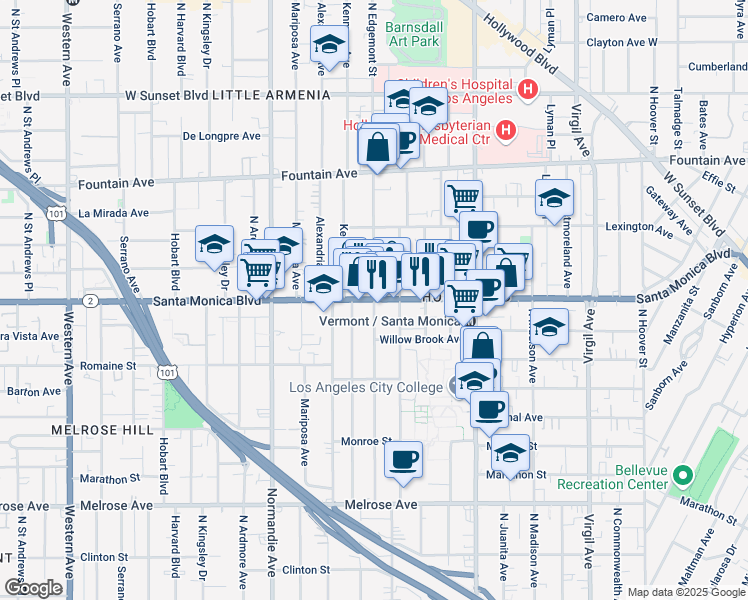 map of restaurants, bars, coffee shops, grocery stores, and more near Santa Monica Blvd & N Edgemont St in Los Angeles