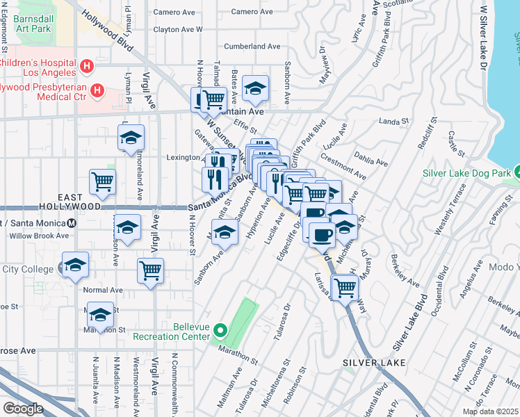 map of restaurants, bars, coffee shops, grocery stores, and more near 1037 Hyperion Avenue in Los Angeles