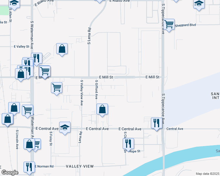 map of restaurants, bars, coffee shops, grocery stores, and more near San Jacinto Street in San Bernardino