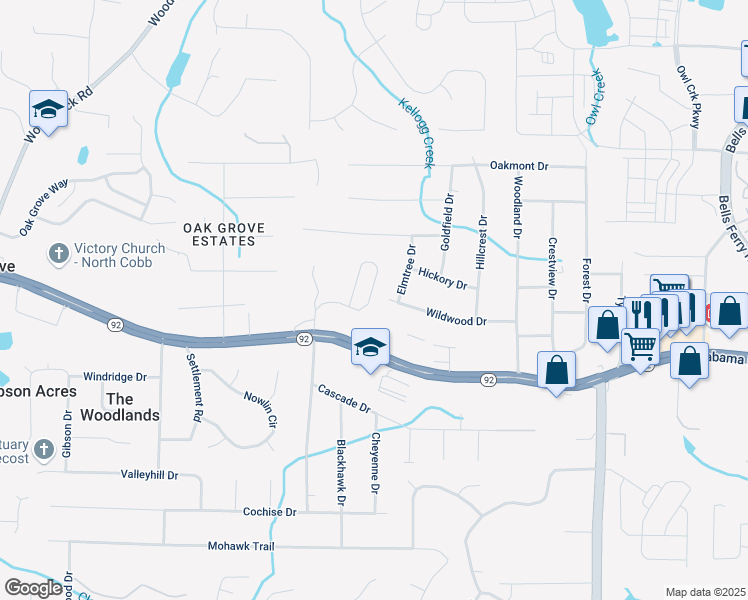 map of restaurants, bars, coffee shops, grocery stores, and more near 138 Bryon Lane in Acworth