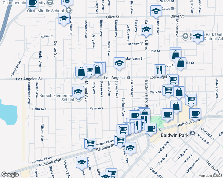 map of restaurants, bars, coffee shops, grocery stores, and more near 4318 Cutler Avenue in Baldwin Park