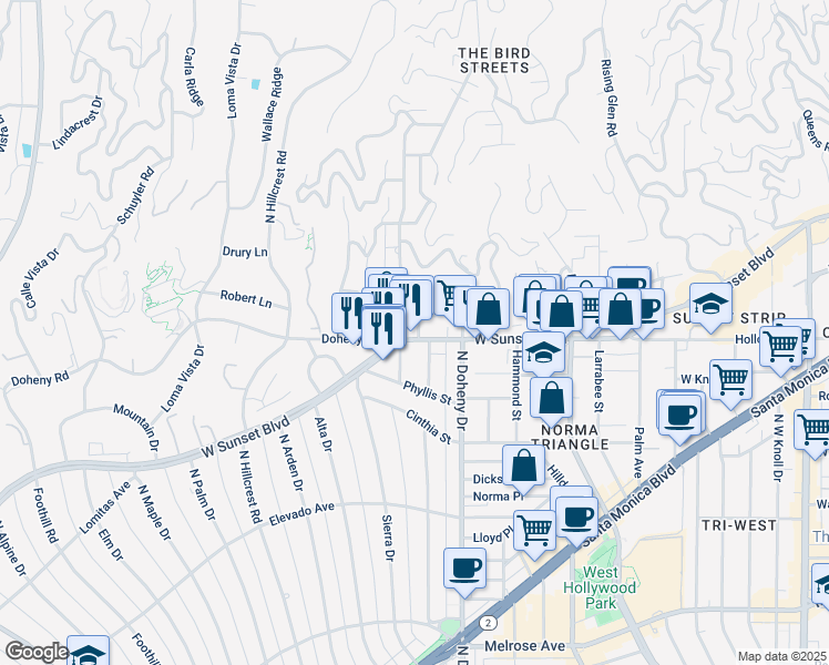map of restaurants, bars, coffee shops, grocery stores, and more near 9176 Sunset Boulevard in West Hollywood