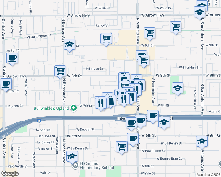 map of restaurants, bars, coffee shops, grocery stores, and more near 300 Stillman Avenue in Upland