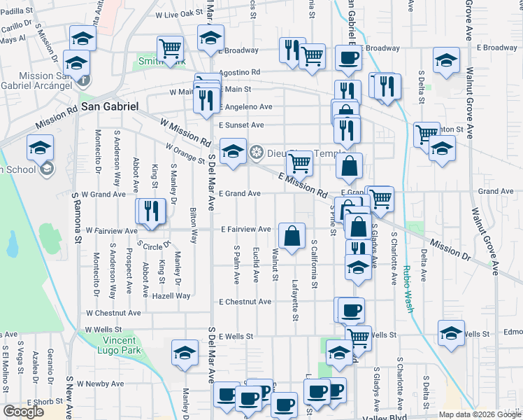 map of restaurants, bars, coffee shops, grocery stores, and more near 932 Euclid Avenue in San Gabriel