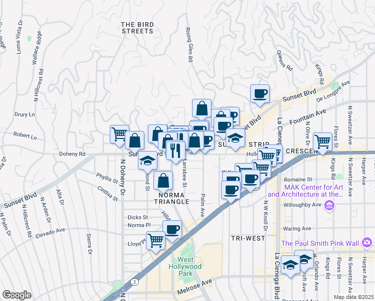 map of restaurants, bars, coffee shops, grocery stores, and more near 8833 Sunset Boulevard in West Hollywood