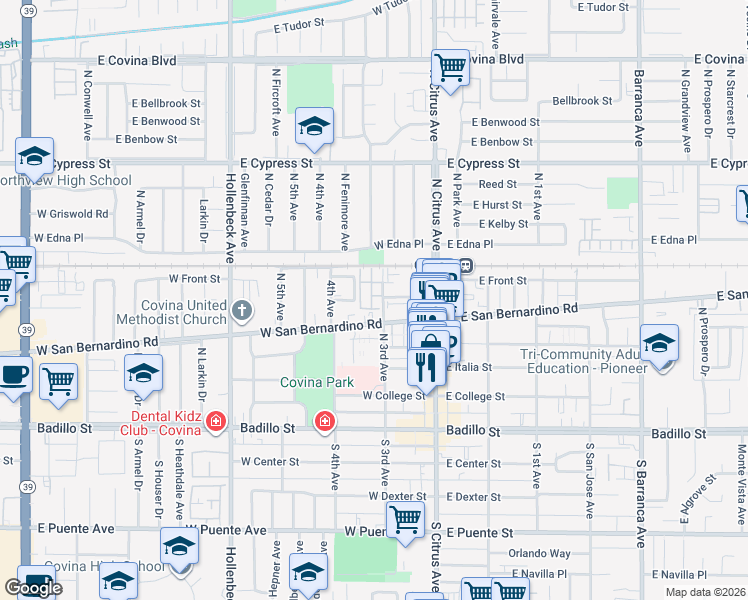 map of restaurants, bars, coffee shops, grocery stores, and more near 217 West Zinfandel Drive in Covina