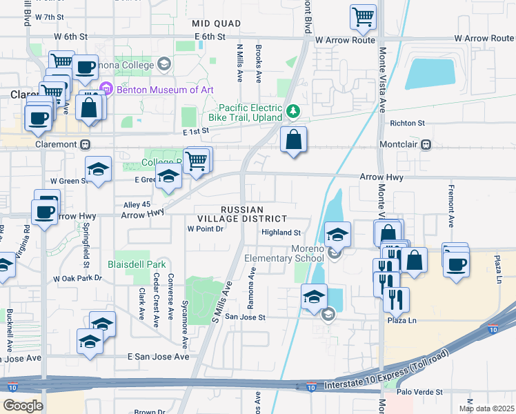 map of restaurants, bars, coffee shops, grocery stores, and more near 4555 Oakdale Street in Montclair
