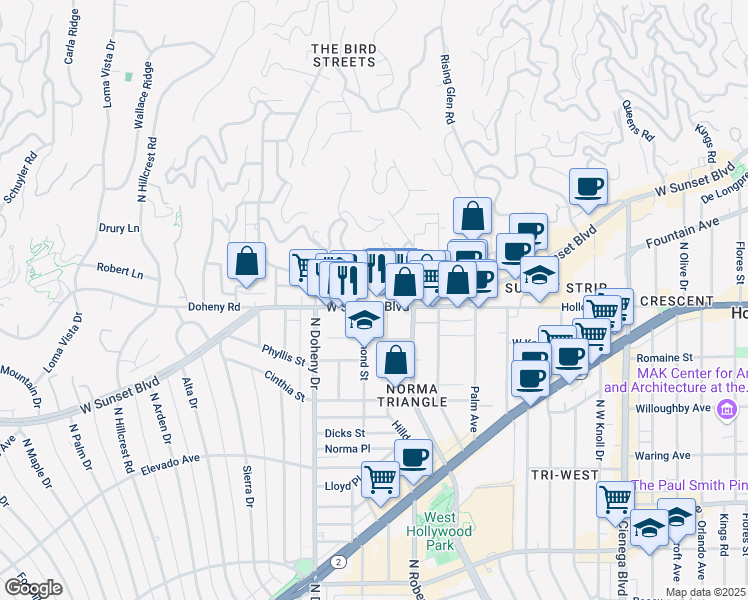 map of restaurants, bars, coffee shops, grocery stores, and more near 8961 Sunset Boulevard in West Hollywood