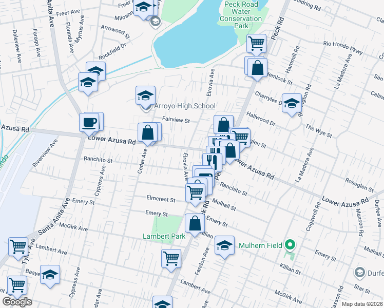 map of restaurants, bars, coffee shops, grocery stores, and more near 11510 Lower Azusa Road in El Monte