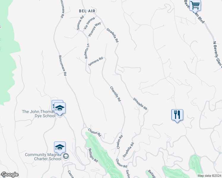 map of restaurants, bars, coffee shops, grocery stores, and more near 1049 Chantilly Road in Los Angeles