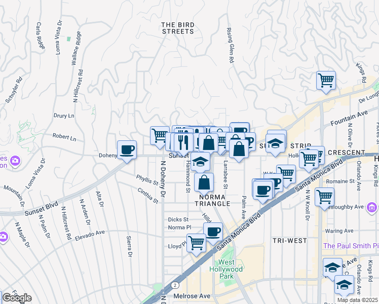 map of restaurants, bars, coffee shops, grocery stores, and more near 8961 Sunset Boulevard in West Hollywood